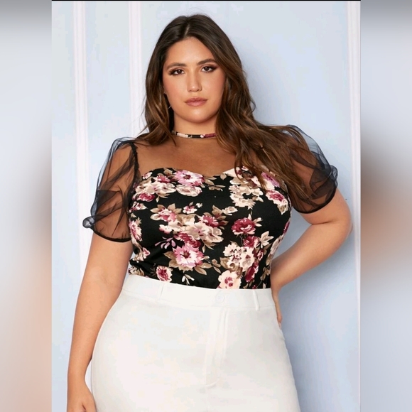 SHEIN Clasi Plus Keyhole Back Floral Print Mesh Panel Top size 0XL (12) - Picture 7 of 8